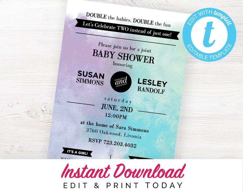 Printable Joint Baby Shower Invitation Templett Change all Etsy