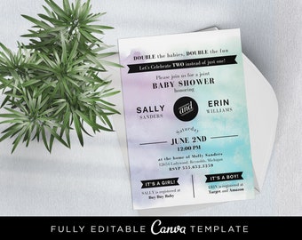 Watercolor Double Baby Shower Invitation: Joint Canva Template (Digital Download)