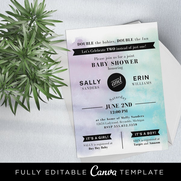 Double Baby Shower Invitation. Canva Template. Watercolor Baby Shower Invitation. Joint Baby Shower. Editable Canva Baby Shower Invitation.