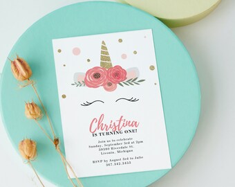 Unicorn Birthday Invitation Template: Floral Canva Invite (Digital Download)
