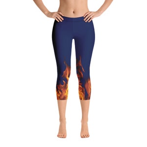 Women&#39;s Navy cropped Inferno Print Leggings. Polyester & Spandex Blend. Fire, Flames, Hot.
