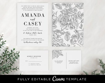 Gray Floral Wedding Invitation Suite: Editable Canva Template (Digital Download)