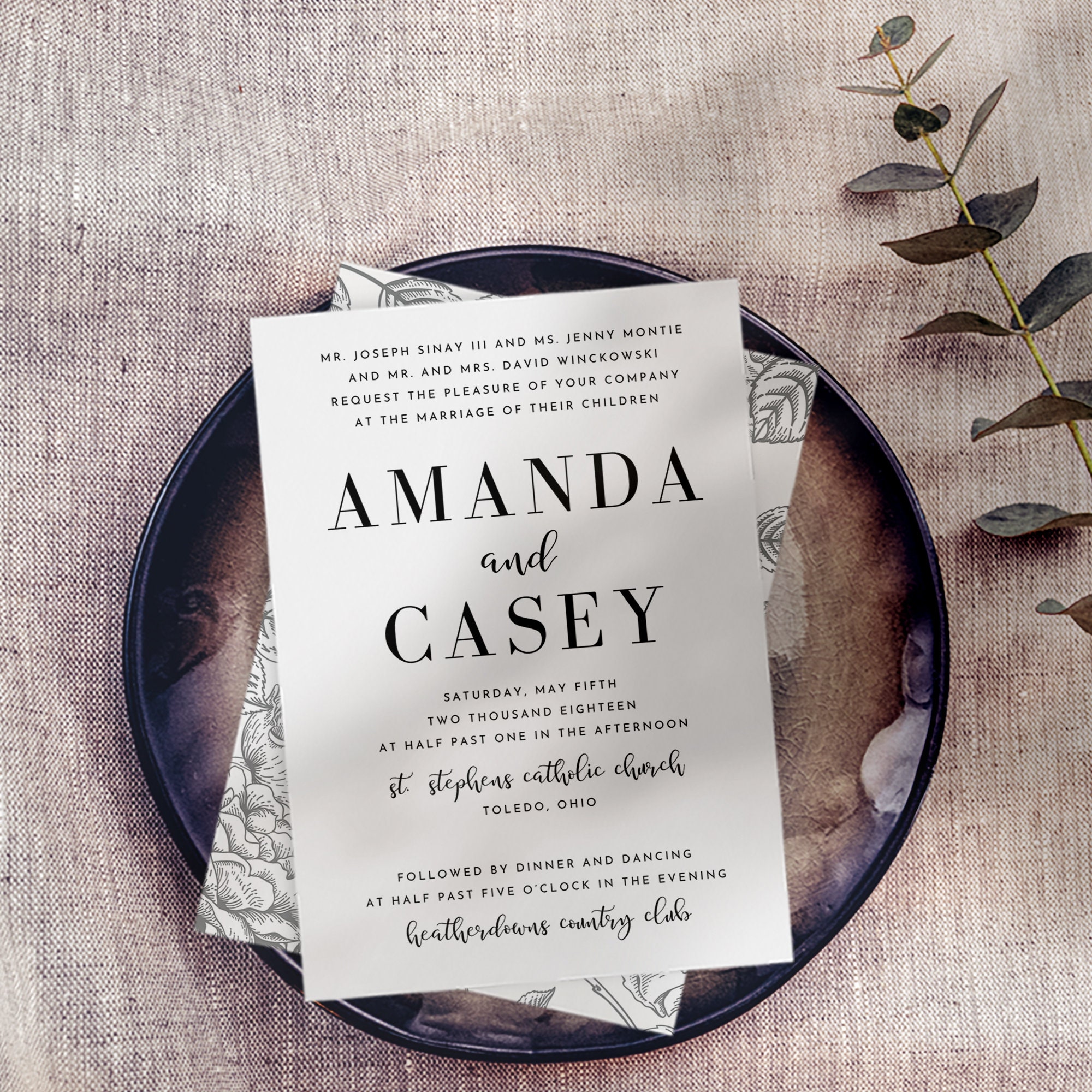 Gray Floral Wedding Invitation Suite. Canva Template. Canva Etsy