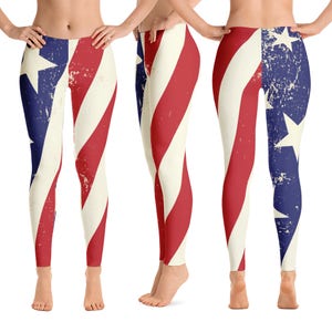 Women&#39;s American Flag Print Leggings. Full, Cropped or Yoga Style. Polyester & Spandex Blend. Size XS-XL. Designed Printed and Sewn in USA.