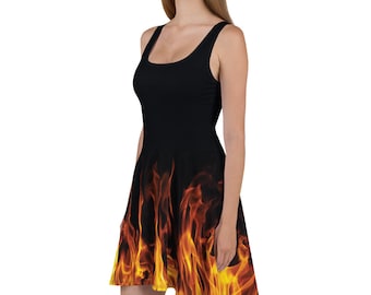 Inferno Elegance: Sleeveless Flame Skater Dress – Perfect for Dance & Performance Costumes or Everyday Wear. Phoenix skater dress.
