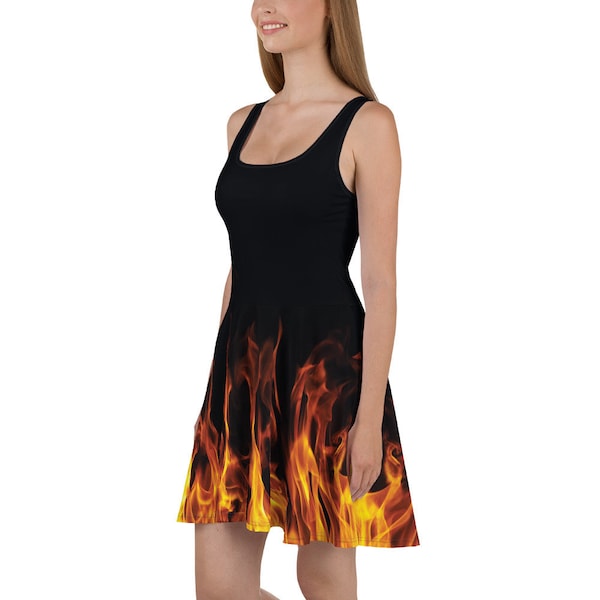 Inferno Elegance: Sleeveless Flame Skater Dress – Perfect for Dance & Performance Costumes or Everyday Wear. Phoenix skater dress.
