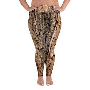 Plus Size Tree Bark Print Leggings: Polyester Spandex Blend