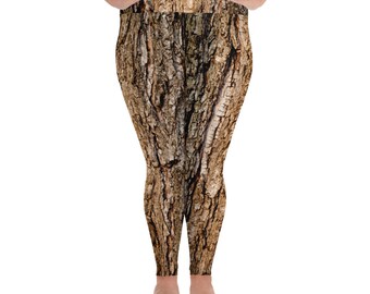 Plus Size Tree Bark Print Leggings: Polyester Spandex Blend