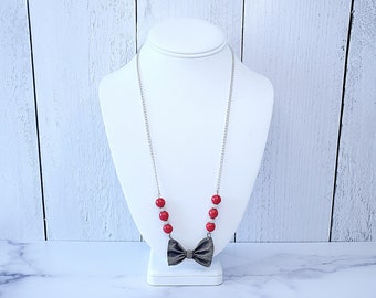 Handmade Silver Ribbon Bow Statement Necklace: Red Marble Bead Crystal Accents