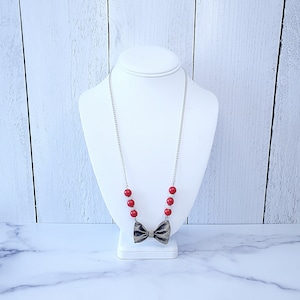 Statement Necklace - Silver - Ribbon Bow Pendant Necklace - Red necklace - weddings - bridesmaids - Crystal Necklace - Prom - Christmas