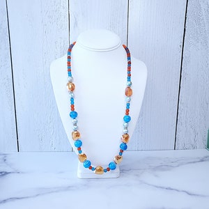 Orange & Blue Beaded Statement Necklace: Sea Glass Crystal Sweater Necklace