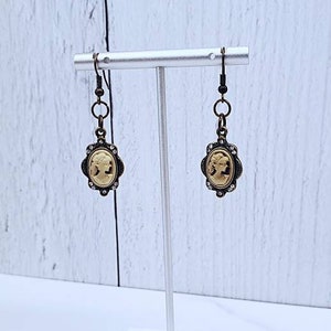 Victorian Style Cameo Dangle Earrings with Faux Crystals