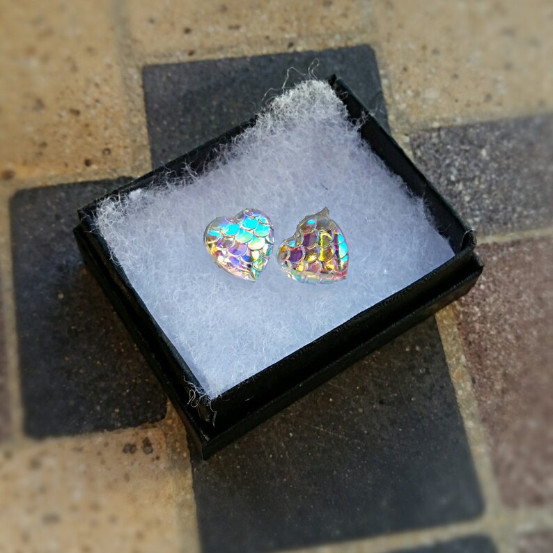 Statement Earrings Mermaid Heart Stud Earrings Weddings Bridesmaids Scales Sterling Silver Chunky Earrings Prom earrings Easter earrings