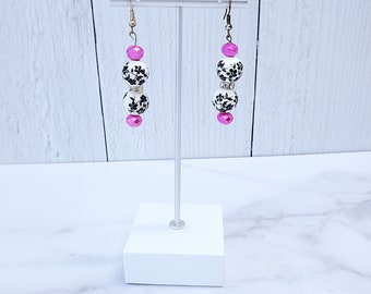 Statement Earrings - Black White Pink Dangle Chandelier Earrings - Crystal Earrings - Bridesmaids - Hot Pink Earrings - Valentine's Day