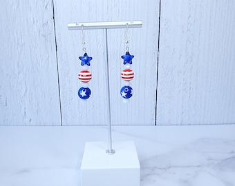 4th of July Earrings - Red White Blue Earrings - Statement Earrings - USA Earrings - Patriotic Earrings - Weddings - Prom - Star Earrings
