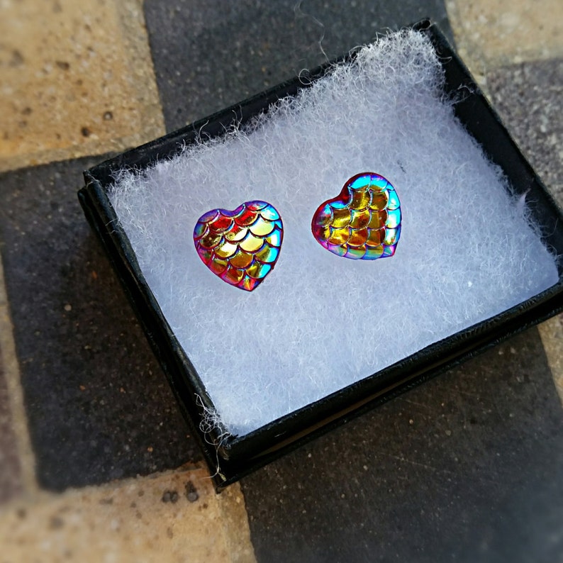 Statement Earrings Mermaid Heart Stud Earrings Weddings Bridesmaids Scales Sterling Silver Chunky Earrings Prom earrings Easter earrings