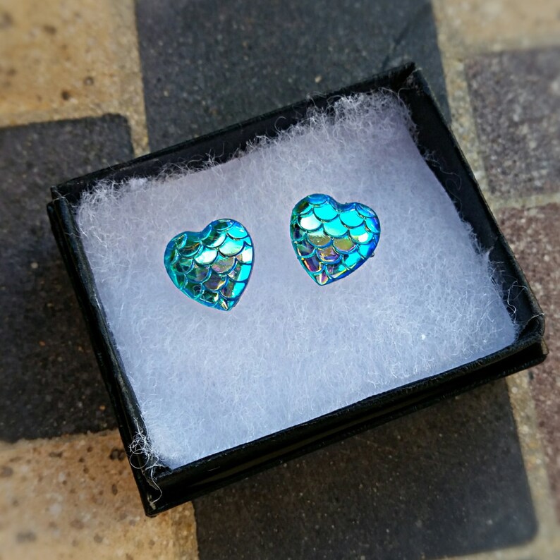 Statement Earrings Mermaid Heart Stud Earrings Weddings Bridesmaids Scales Sterling Silver Chunky Earrings Prom earrings Easter earrings