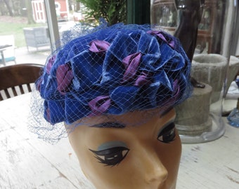 Vintage 1960's Blue Velvet  Mesh Women's Hat