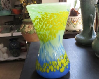 Vintage Artist Stamped End of Day Splatter Art Glass Blue Yellow Vase