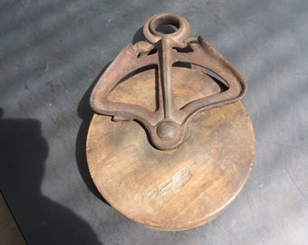 Antique Cast and Wood Wooden Industrial Pulley