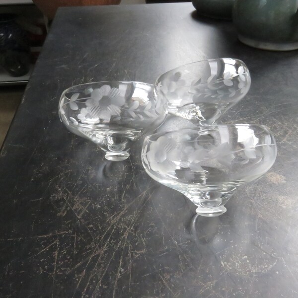 Vintage Lot of 3 Sherbert or Dessert Floral Flower Glass Insert for Silver or Chrome