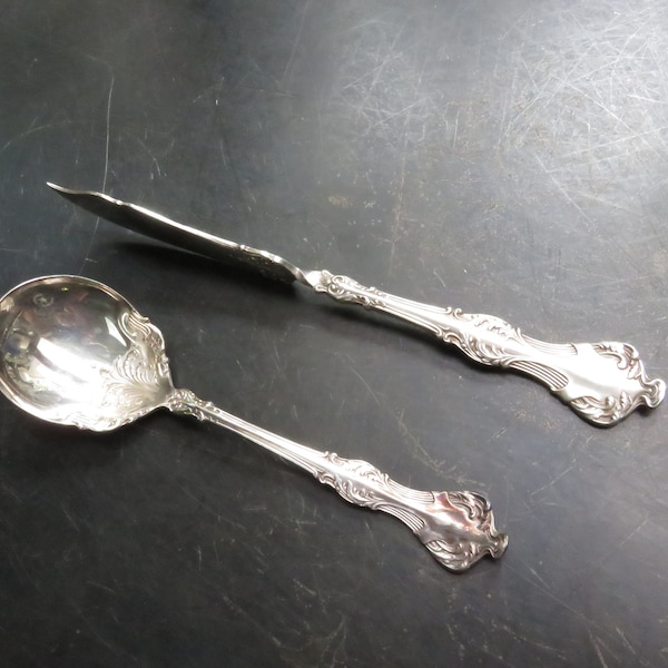 Vintage Rogers & Bros A1 XII Crest 1906 Serving Spoon and Butter Knife Ornate Silverware Silverplated