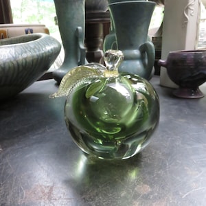 Vintage Heavy Art Glass Green Apple Paperweight