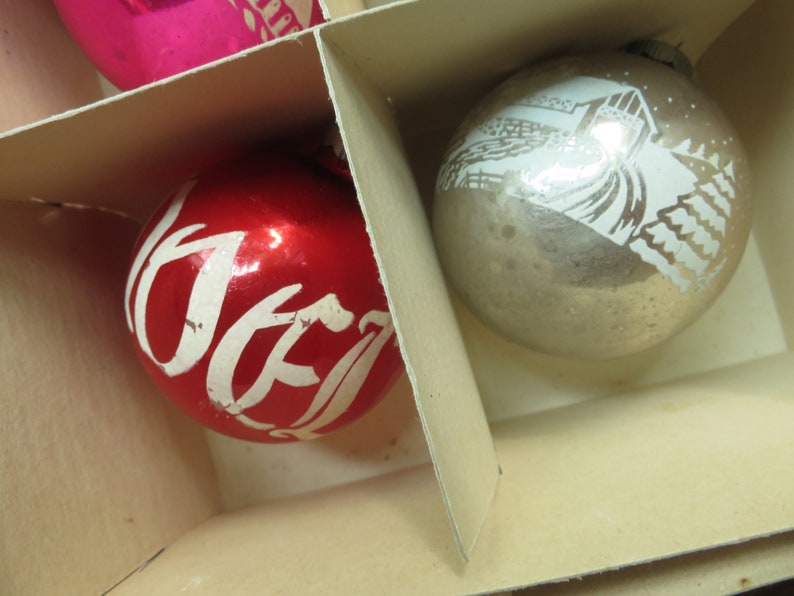 Vintage Shiny Brite and Made in USA Large 3 12 tall Etched Glass Christmas Tree Ornaments Night Before Christmas Silent Night Noel