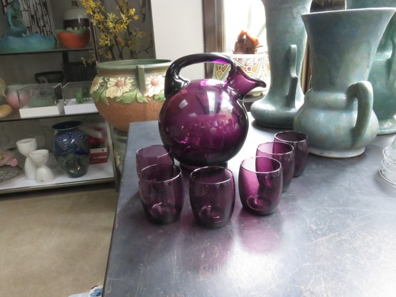 Vintage Cambridge Purple Amethyst Art Glass Tilted Ball Pitcher