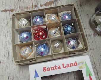 Vintage Lot of 12 Poland  USA Striped Snowman Glitter Stars Glass  Christmas Tree Ornaments