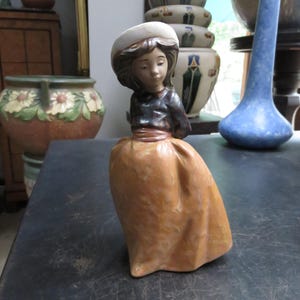 May include: A ceramic figurine of a person wearing a wide-brimmed white hat, a dark brown long-sleeved top, and a long, flowing orange skirt. The figure has brown hair and is depicted in a standing position with a smooth, matte-like finish.