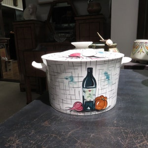 Vintage Italy Oven King Mid Century Modern Decorated with Wine Bottle and Vegetables Covered Casserole
