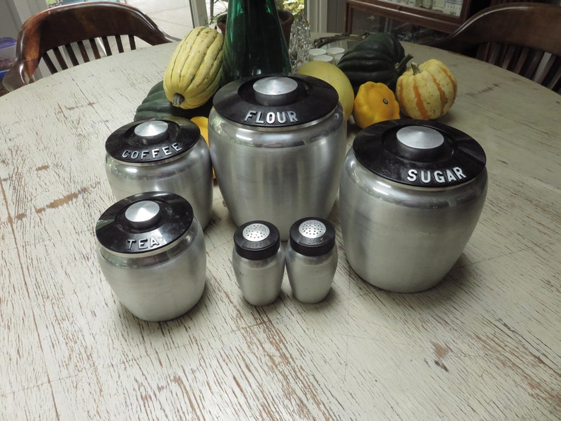 Vintage Kromex Chrome And Plastic Black Lid Canister Set Flour