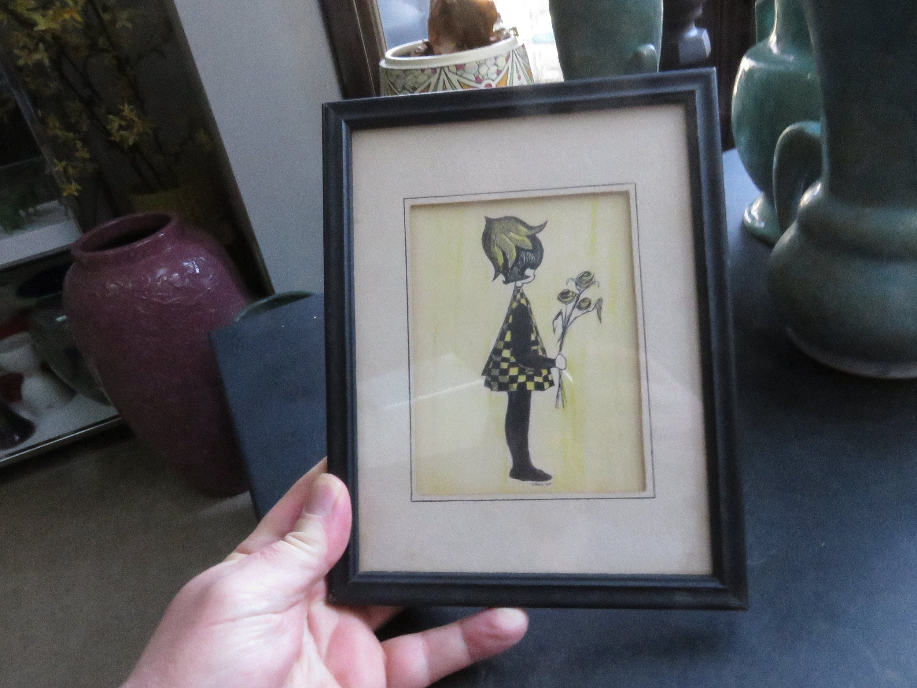USAヴィンテージ　女の子のアート Vintage Lynn 1965 Young Girl With Flowers Wall Art Wood Frame - Etsy