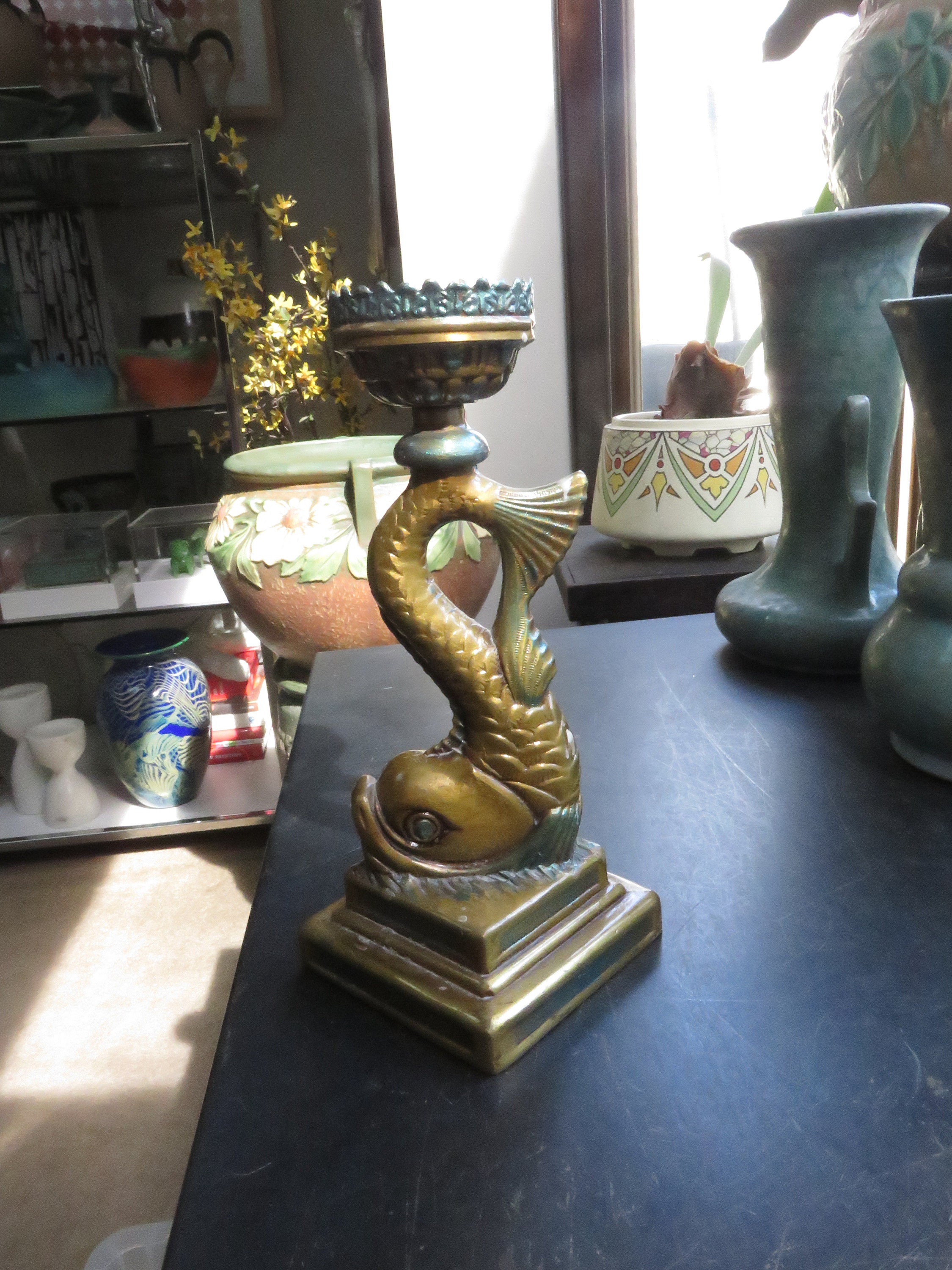 Vintage Metal Brass Finish Koi Fish Lamp Base or Could Be Used as