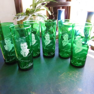 Vintage Lot of 6 Anchor Hocking Midwestern Hayride Green Radio Stars Glasses