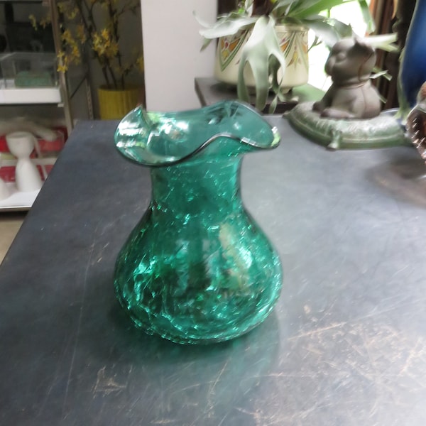 Vintage Blenko Scalloped Green Crackle Vase