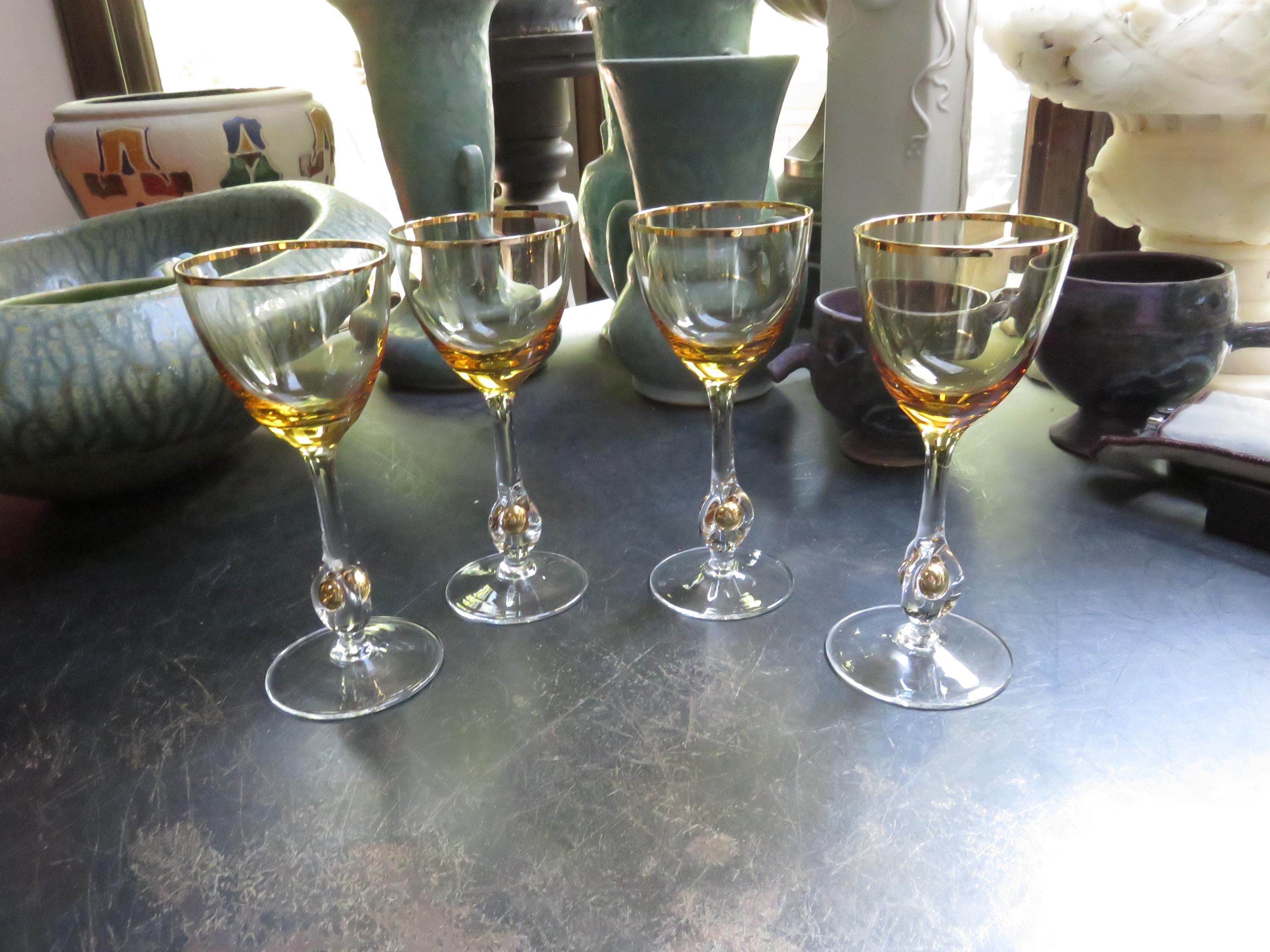 Vintage Lot of 4 Gold Rimmed Jozef Stanik Amber Cordial Glasses