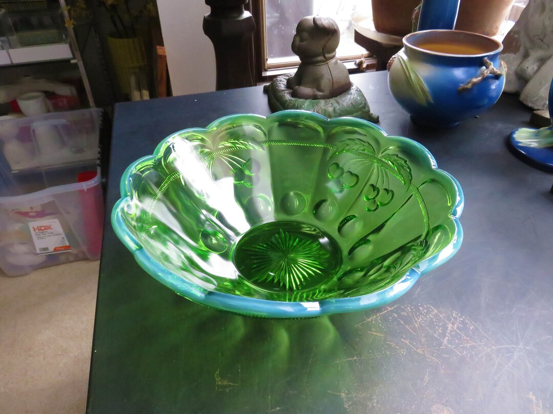 Vintage Mosser Green Opalescent Glass Cherry Cable Thumbprint Bowl Etsy