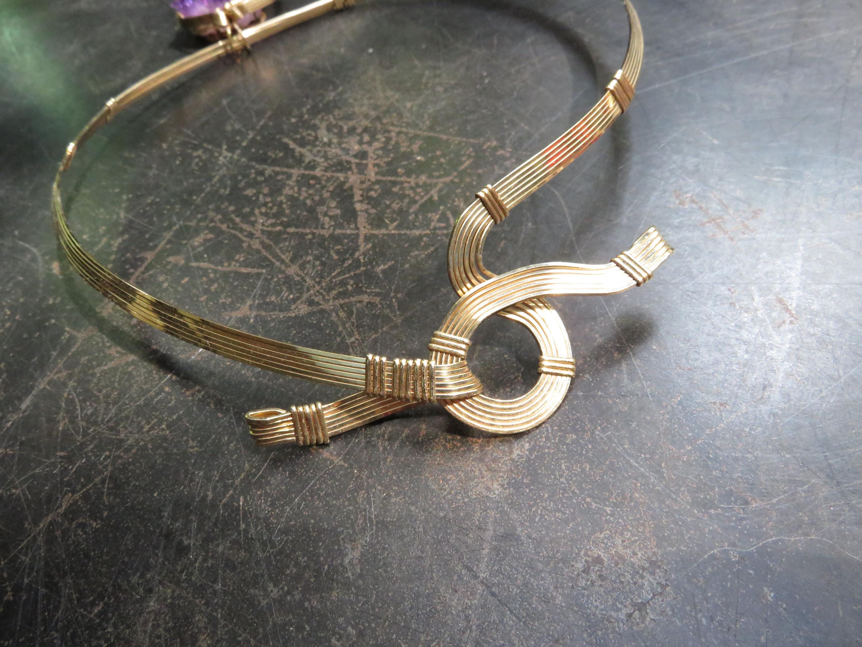 Collier Ras De Cou Vintage Améthyste Et Laiton Doré - Occasion, Pendentif Pierre