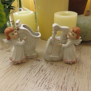 Vintage Pair of Angel Harp Christmas Figure Floral Flower Planter Vase Japan ?
