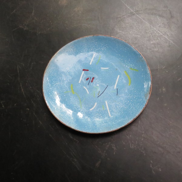 Vintage Abstract Blue Enamel on Copper MCM Mid Century Modern Bowl Plate