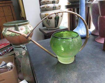 Vintage Amici Green Art Glass Copper Spout and Wrapped Rattan Handle Watering Can
