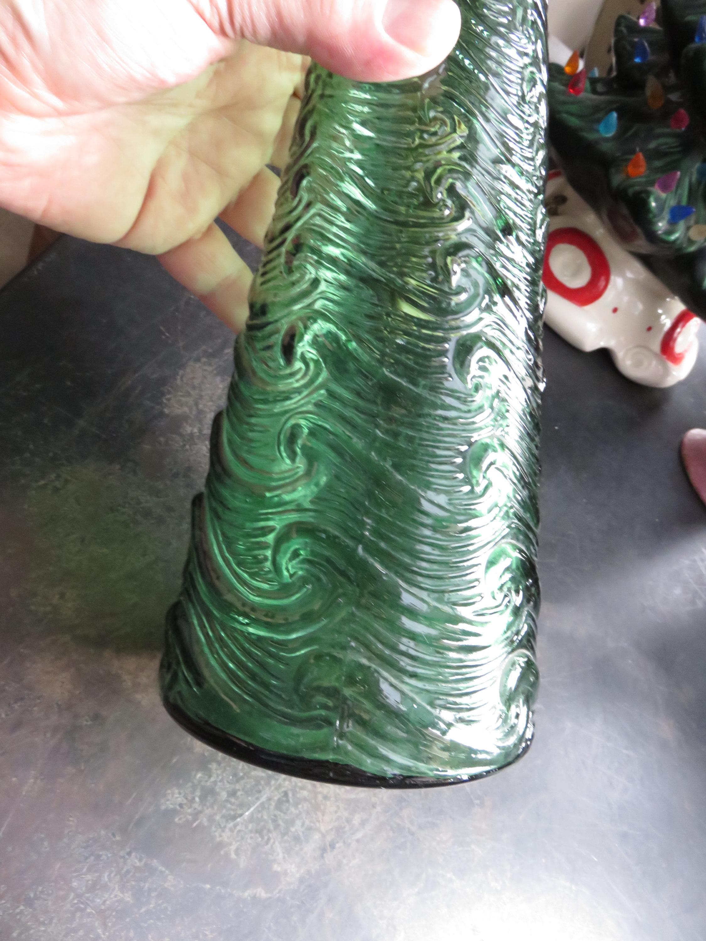 Vintage Empoli Italy Genie Wave Green Bottle Art Glass MCM Mid