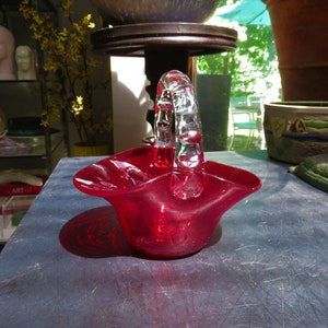 Vintage Blenko ? Hand-Blown Art Glass Ruby Red Handled Basket