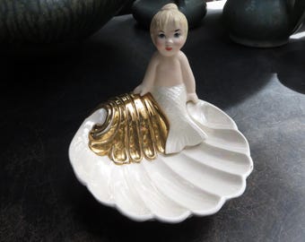 Vintage 1970's Mermaid Sitting on a Shell Bowl Trinket Soap Dish Bathroom