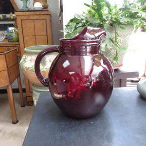 Vintage Anchor Hocking Ruby Red Ball Art Deco Glass Water Pitcher