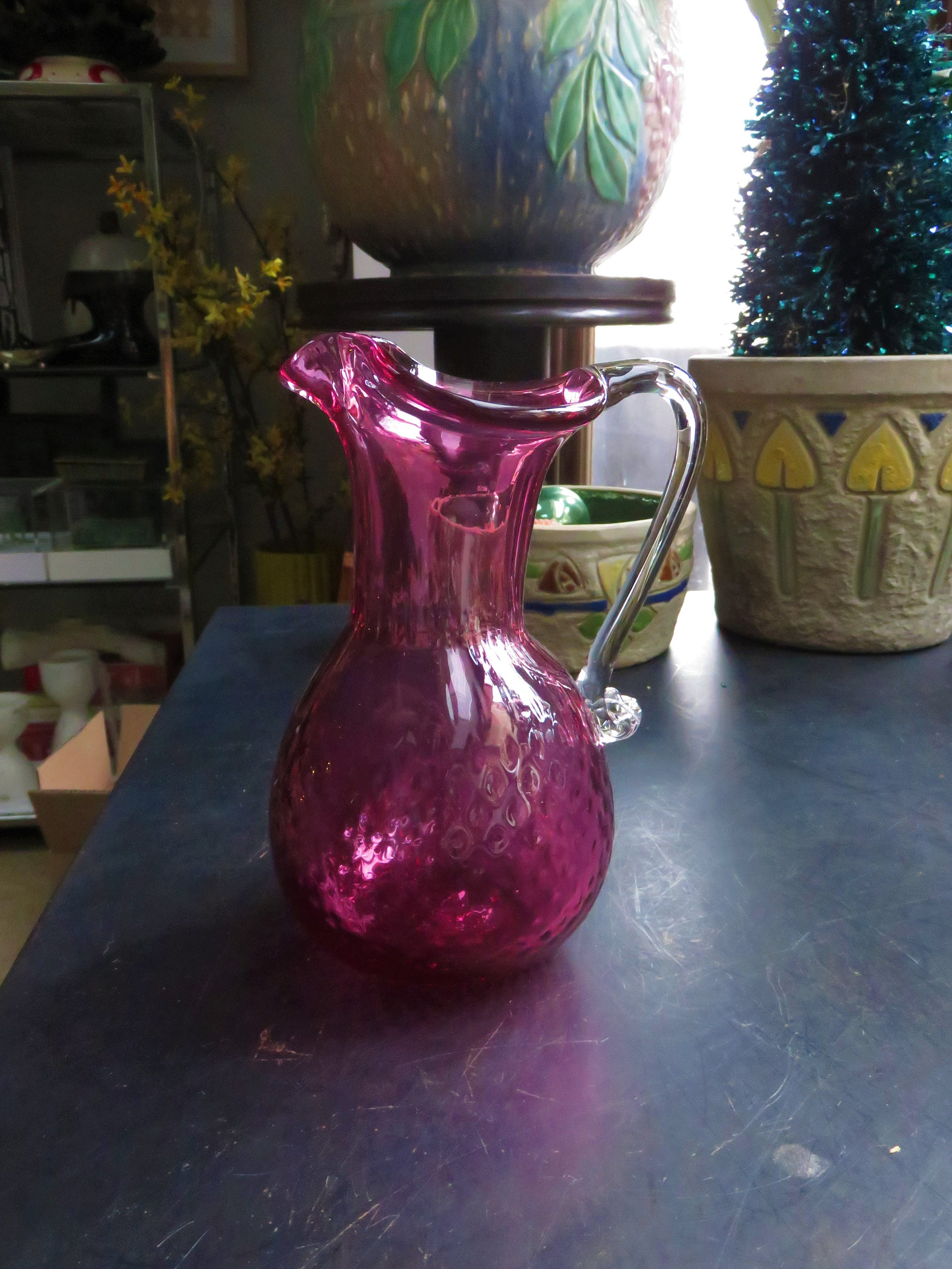 Antique Cranberry Glass Creamer or Small Pitcher with Applied Crystal -  Ruby Lane