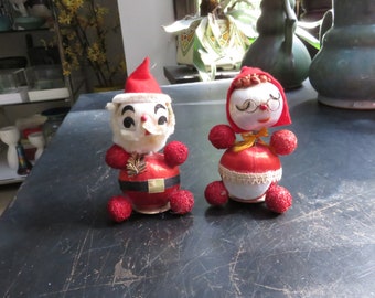 Vintage Japan Spring Head Santa and Mrs Claus Satin Felt Figures