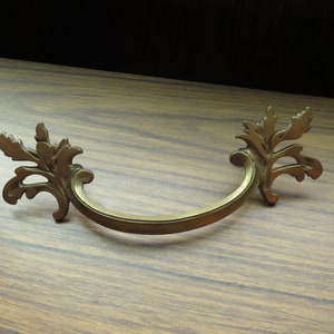 May include: A gold-toned metal drawer pull with ornate floral designs on each end.